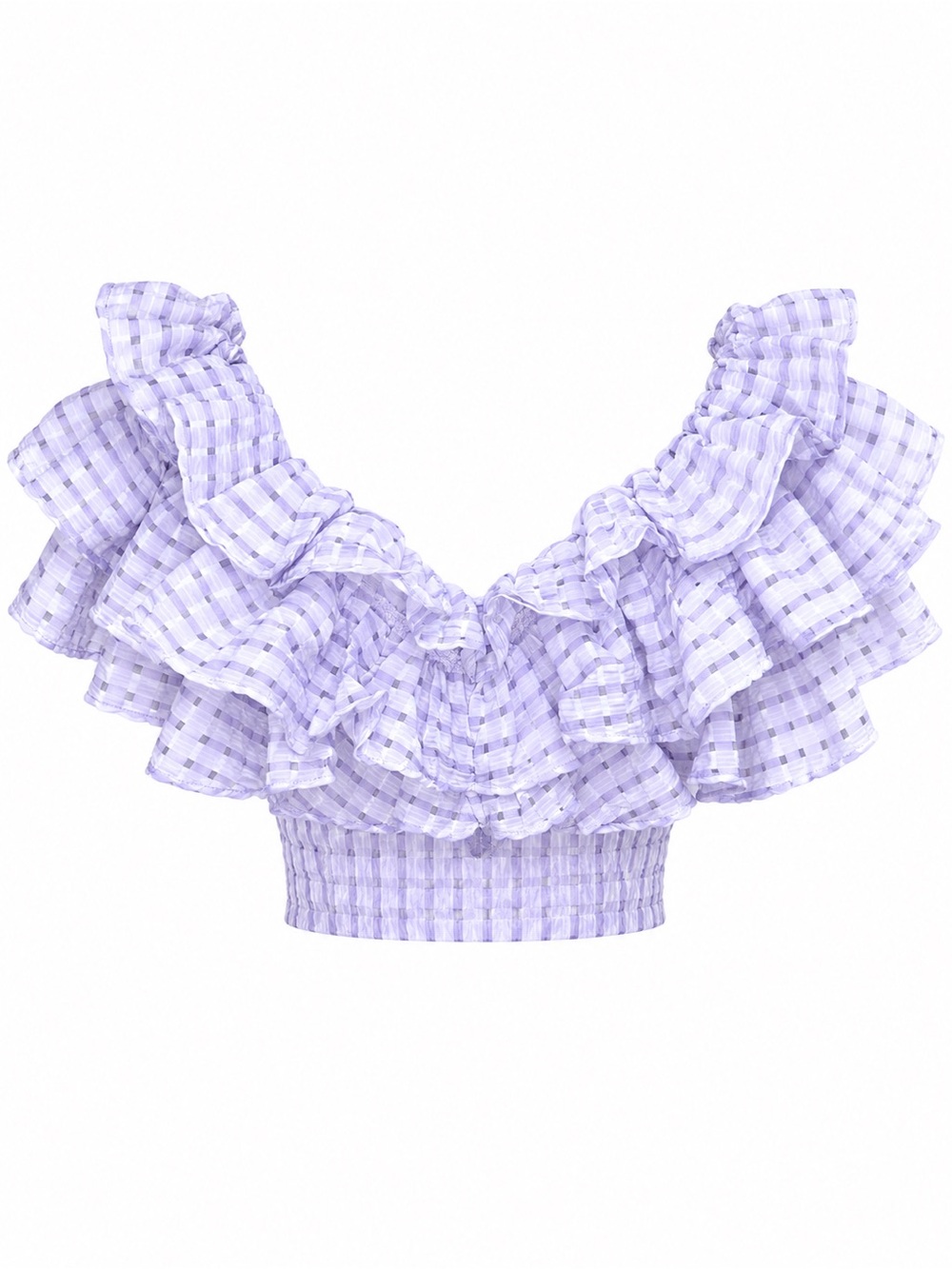Aje Lilac Gingham Ruffle Off-Shoulder Crop Top
